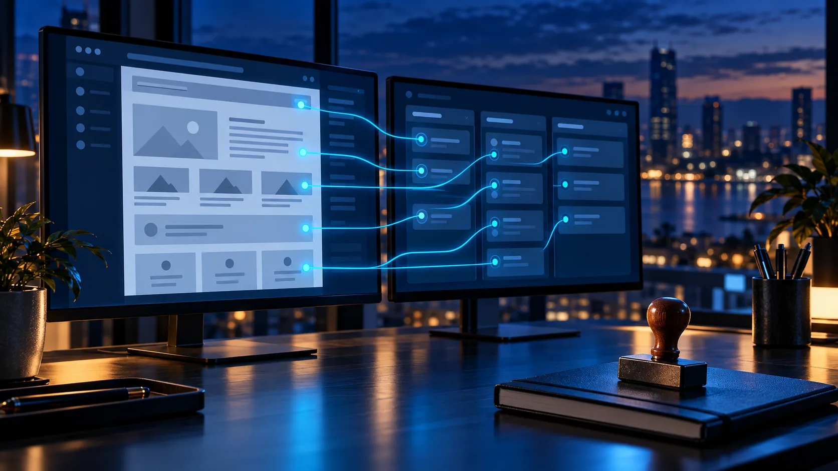 Two monitors at night: a website design on the left, its sections linked by glowing lines to task cards on the right, an approval stamp on the desk