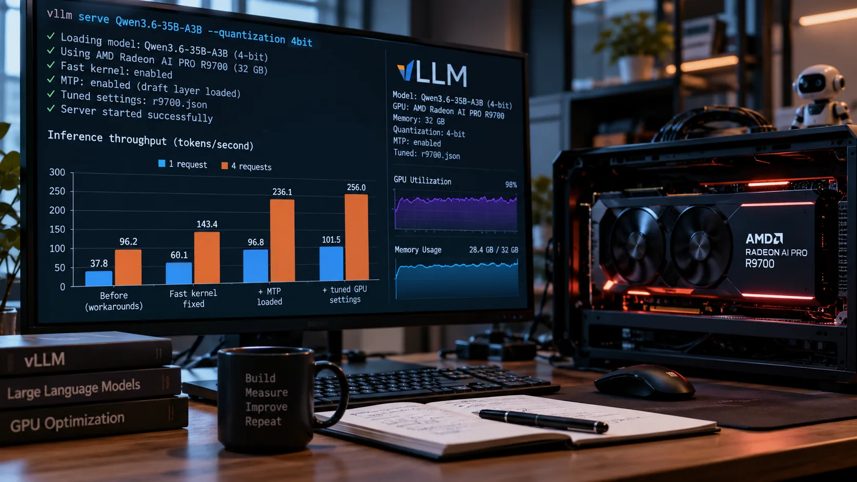 Photorealistic AI inference workstation with AMD Radeon AI PRO R9700 GPU and local vLLM performance benchmarks on a monitor