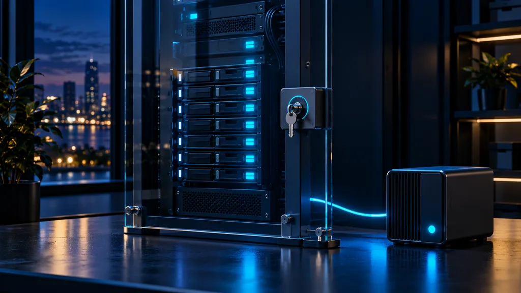 Server rack behind a locked glass barrier, connected by a glowing cable to a backup drive with a steady status light