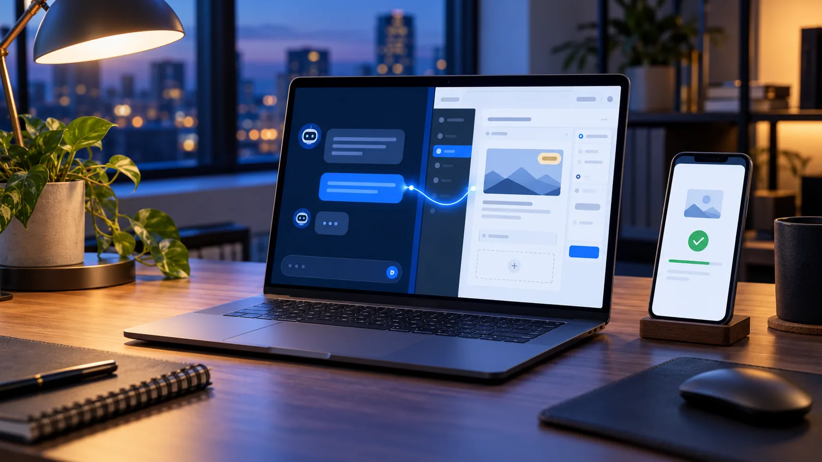 Laptop on an office desk at dusk showing an AI chat on one side and a website draft on the other, joined by a glowing line, with a phone beside it confirming an image upload