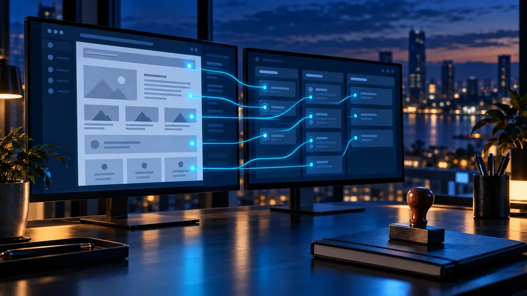 Two monitors at night: a website design on the left, its sections linked by glowing lines to task cards on the right, an approval stamp on the desk