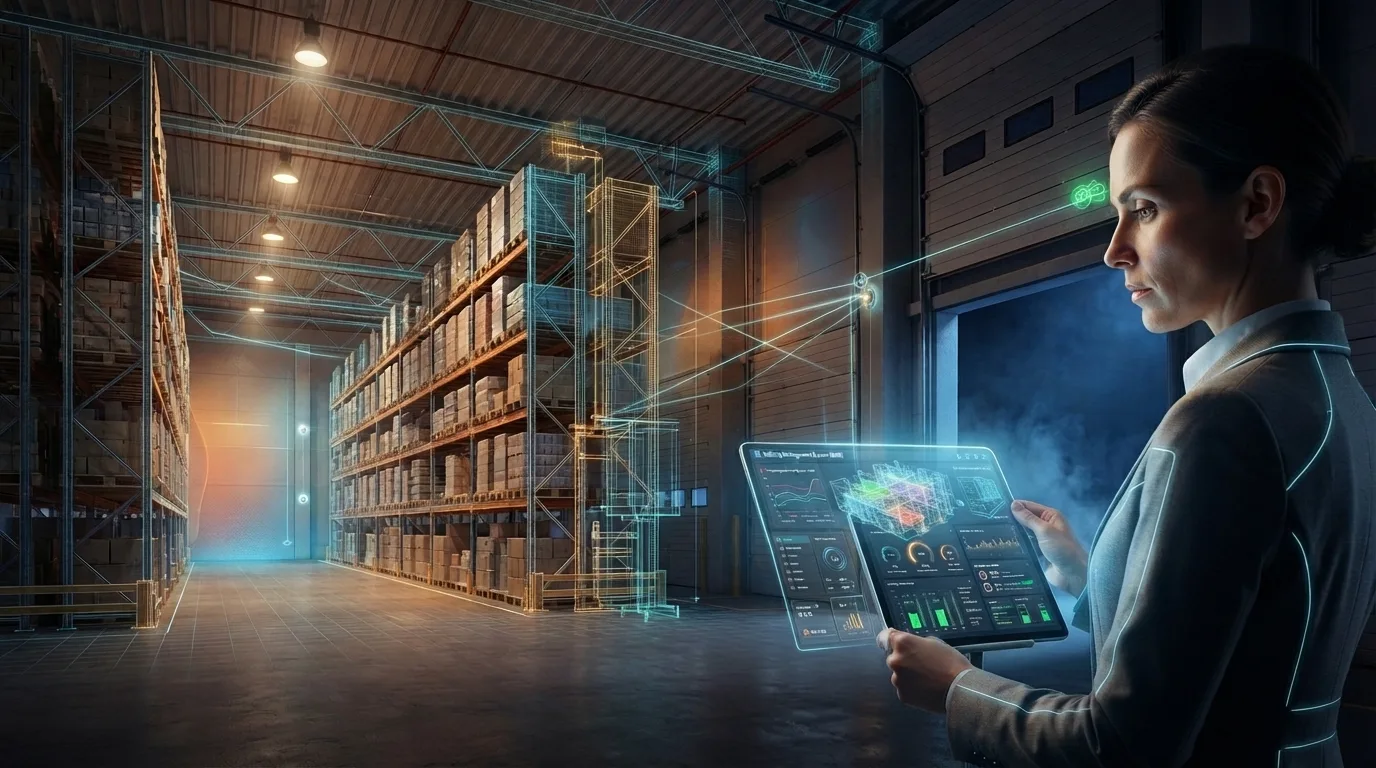 Concept illustration of a facility manager using a tablet to monitor a warehouse, with digital overlays representing connected building systems.