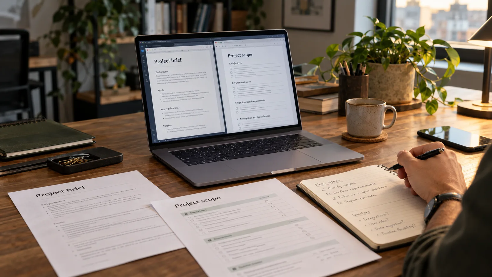 A project manager reviewing a client project brief and a structured project scope on a laptop, with planning notes on a desk.