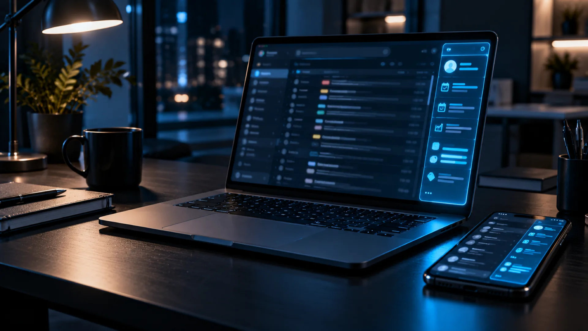 Laptop showing an email inbox with a cyan CRM side panel, a phone with the same panel beside it