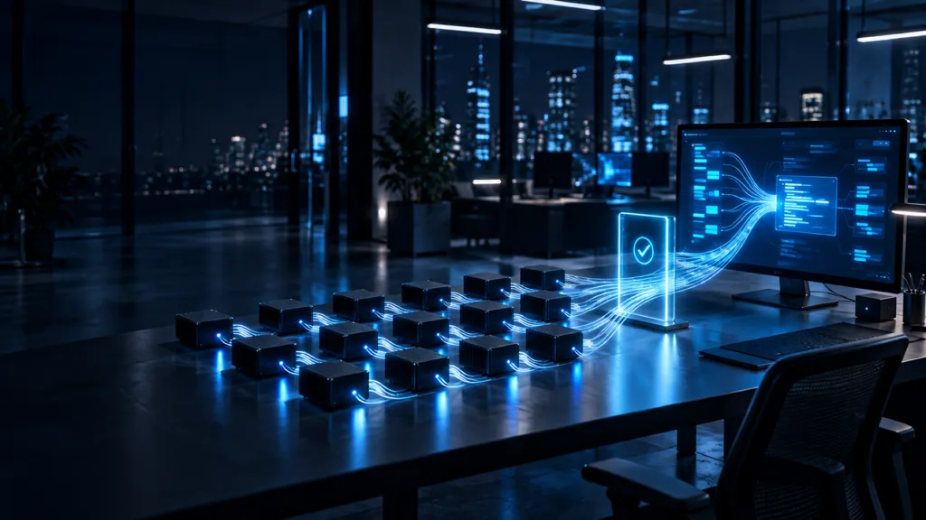 Fifteen small compute modules working in parallel, their light flowing through a glass approval gate into a screen of code