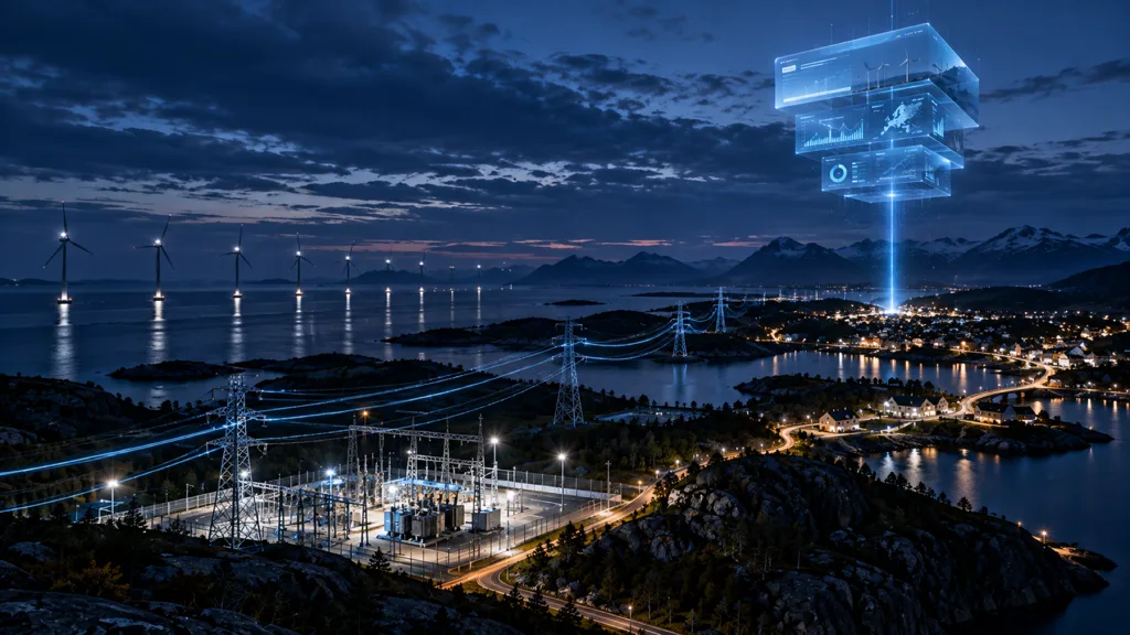 Nordic coastline with wind turbines and power lines at blue hour, a cyan beam lifting web panels into the sky