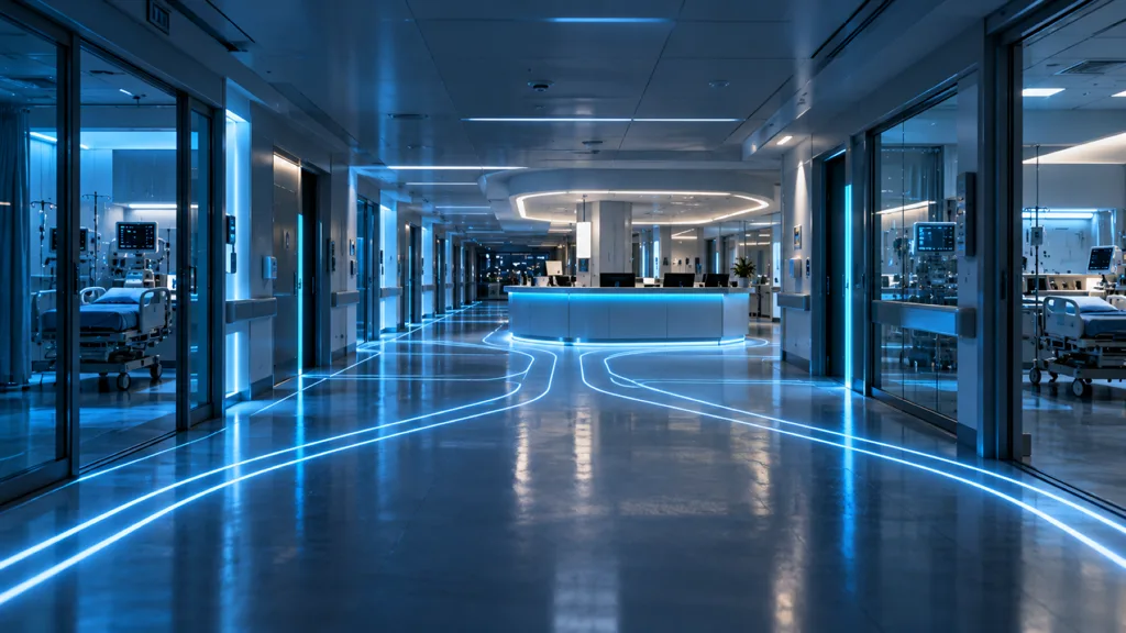 Empty hospital corridor at night with cyan floor guide lines converging on a nurses' station