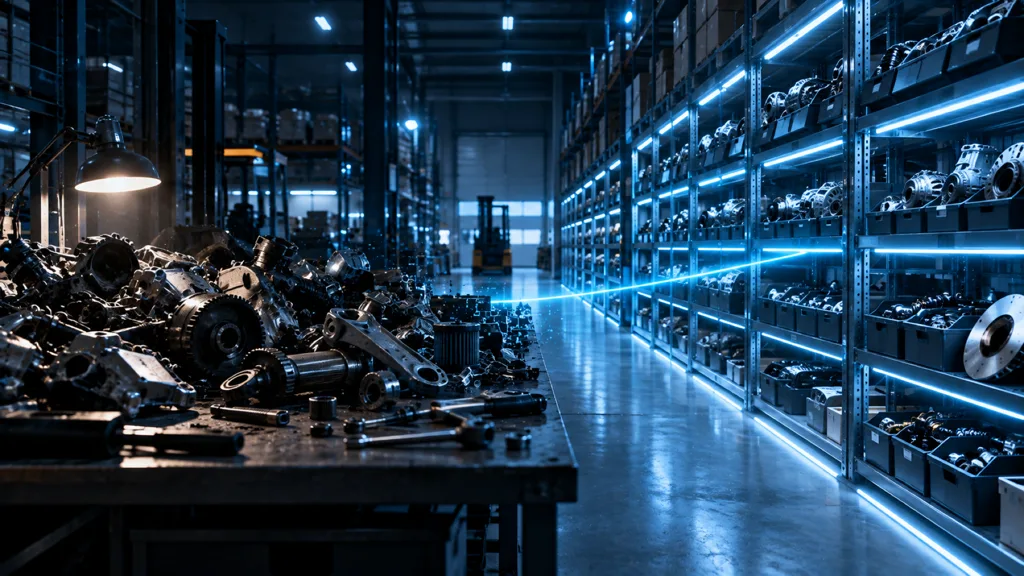 Auto parts moving from a messy heap to perfectly ordered warehouse shelves along a cyan light sweep