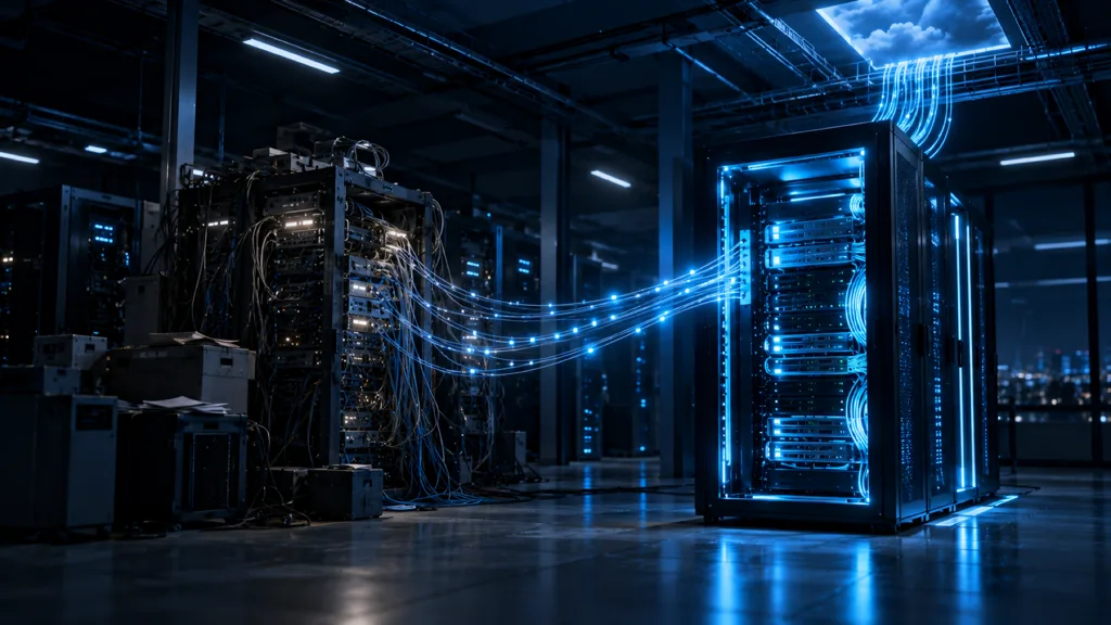 An overloaded old server rack streaming light into a clean modern cyan-lit rack