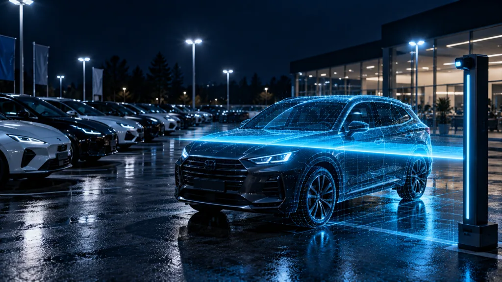A car on a dealership lot at night passing through a cyan scanning light plane