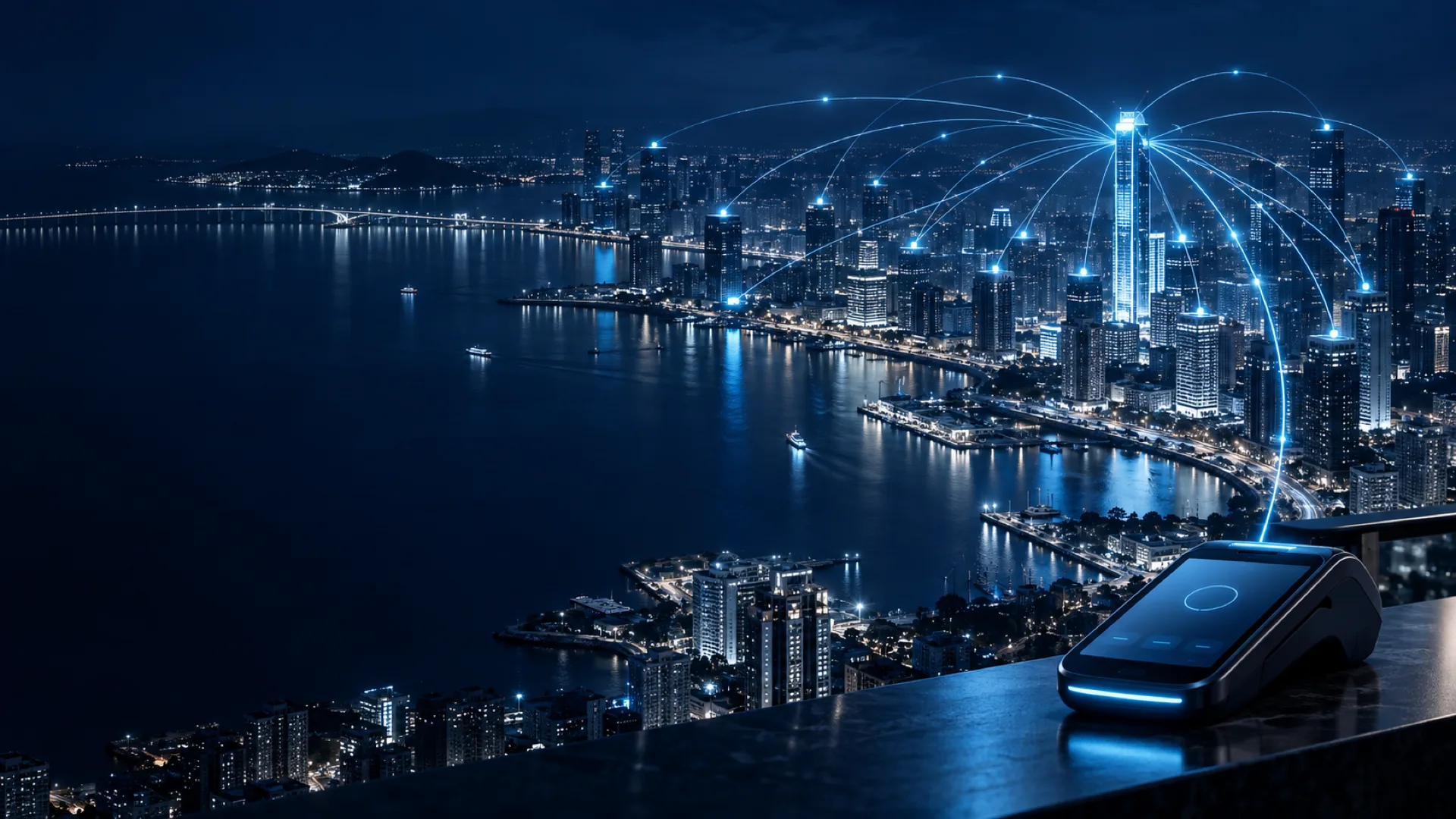 Night view of a coastal city where cyan lines from many bank buildings converge on one hub, a card payment terminal in the foreground