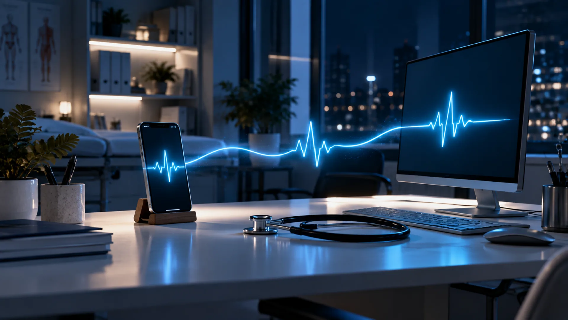 A phone and a monitor on a clinic desk joined by one cyan heartbeat line, a stethoscope beside them