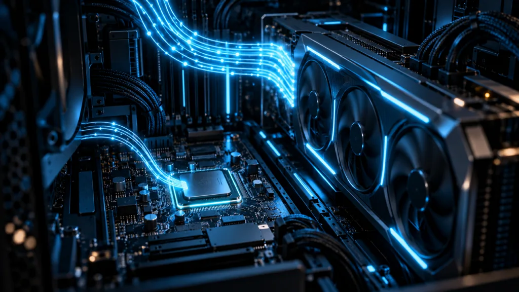 Inside a PC, one stream of light flows into a large graphics card and another into the integrated processor at the same time