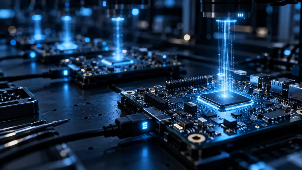 A circuit board chip receiving a beam of cyan light, more boards receiving fainter beams behind