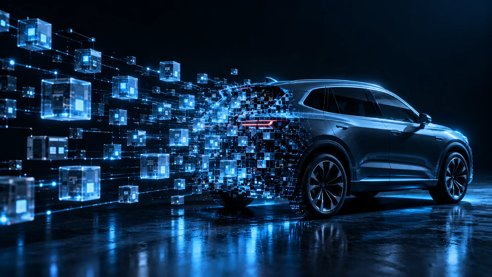 A modern car outlined in cyan light dissolving into a grid of glowing connected cubes