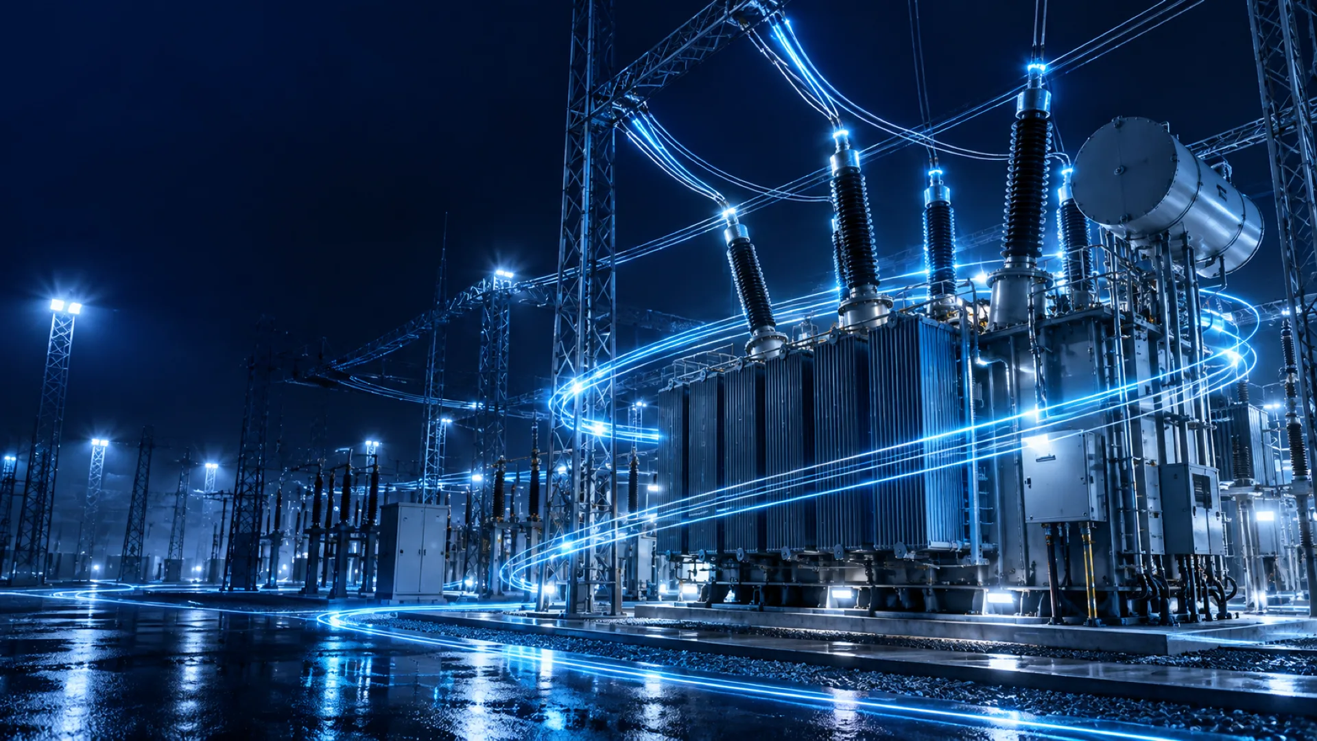 A high-voltage power transformer at night wrapped in ordered cyan light trails
