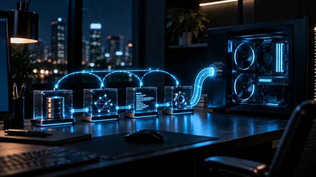 A local AI workstation linked by a glowing cable bridge to a row of sandboxed tool modules in glass boxes