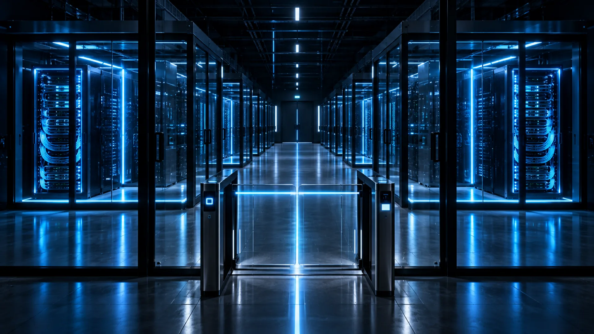 Data-centre aisle of separately lit glass server cages behind a single secure gate