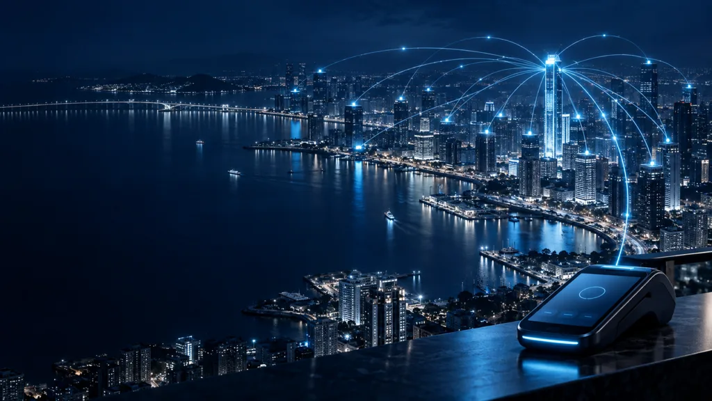 Night view of a coastal city where cyan lines from many bank buildings converge on one hub, a card payment terminal in the foreground