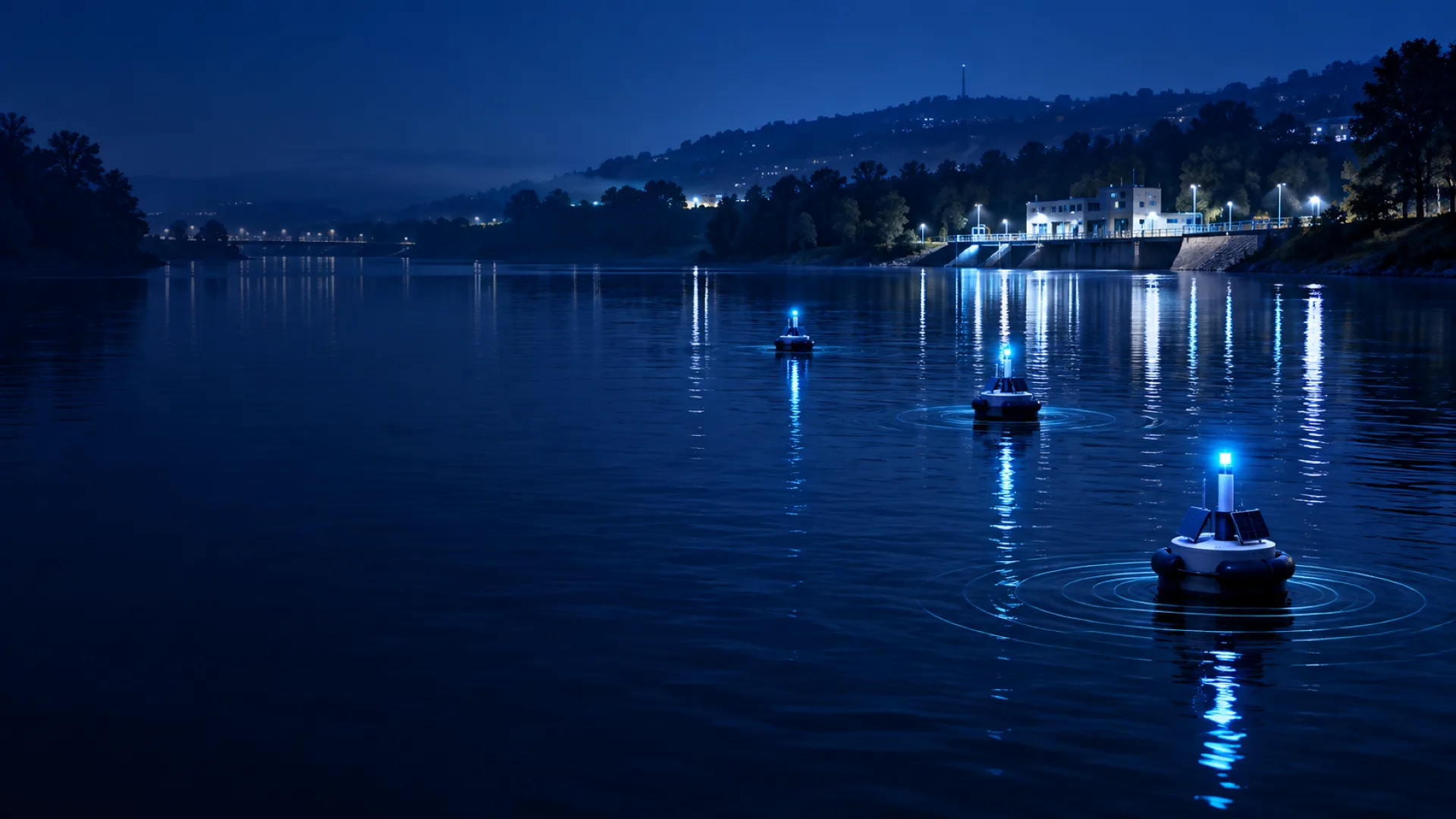 Water-quality monitoring buoys with cyan status lights on a river at night, a utility station on the far bank
