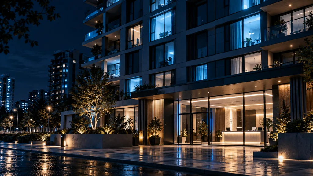 Modern apartment building at night with cyan-lit windows and a glowing concierge desk in the lobby