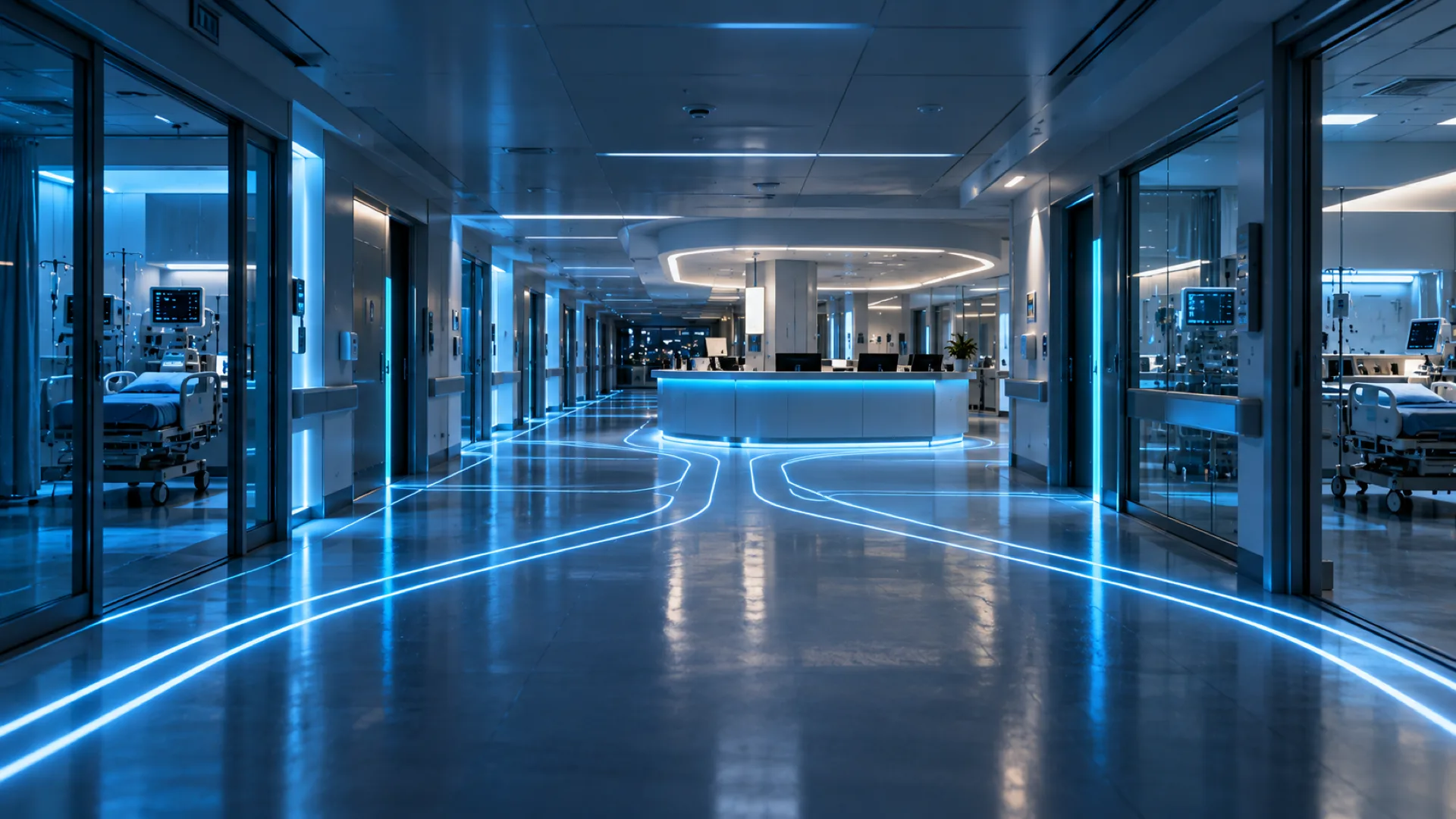 Empty hospital corridor at night with cyan floor guide lines converging on a nurses' station