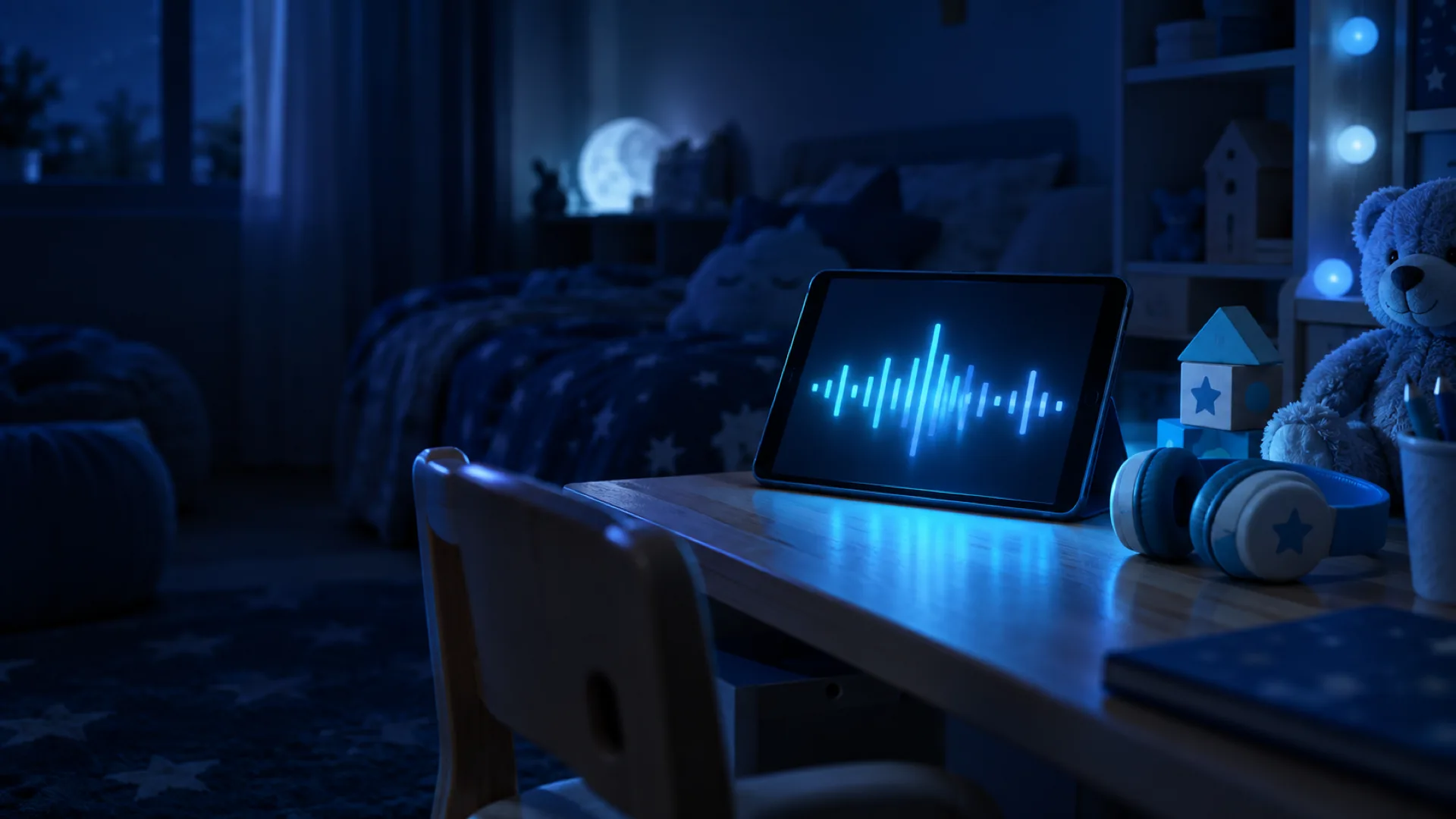 A tablet showing cyan sound-wave bars on a child's desk beside small headphones