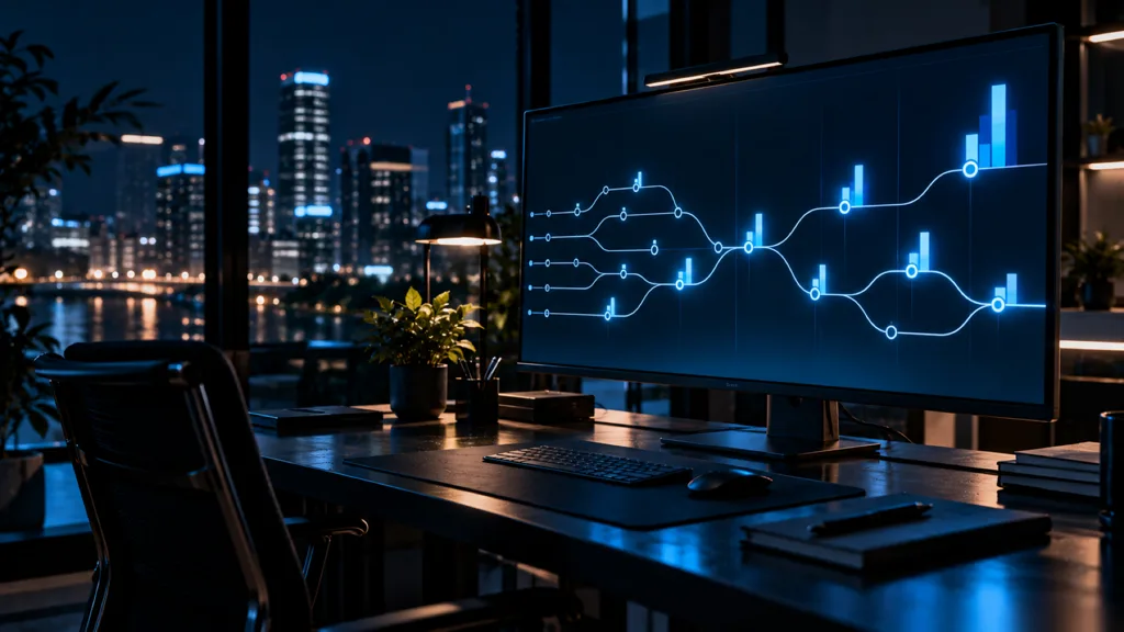 A monitor showing a branch-and-merge graph with cyan bars measuring each merge, in a fintech office at night