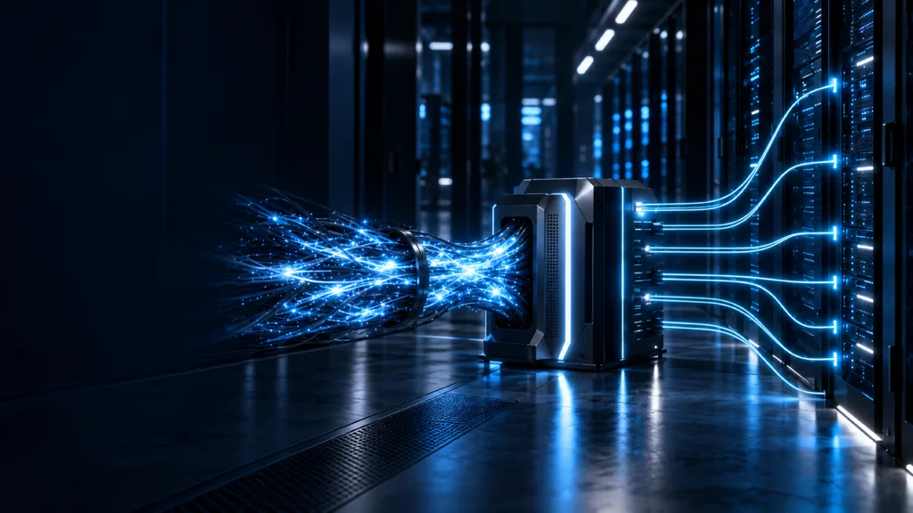A chaotic bundle of bright cables entering a routing device and leaving as calm, evenly spaced cyan channels