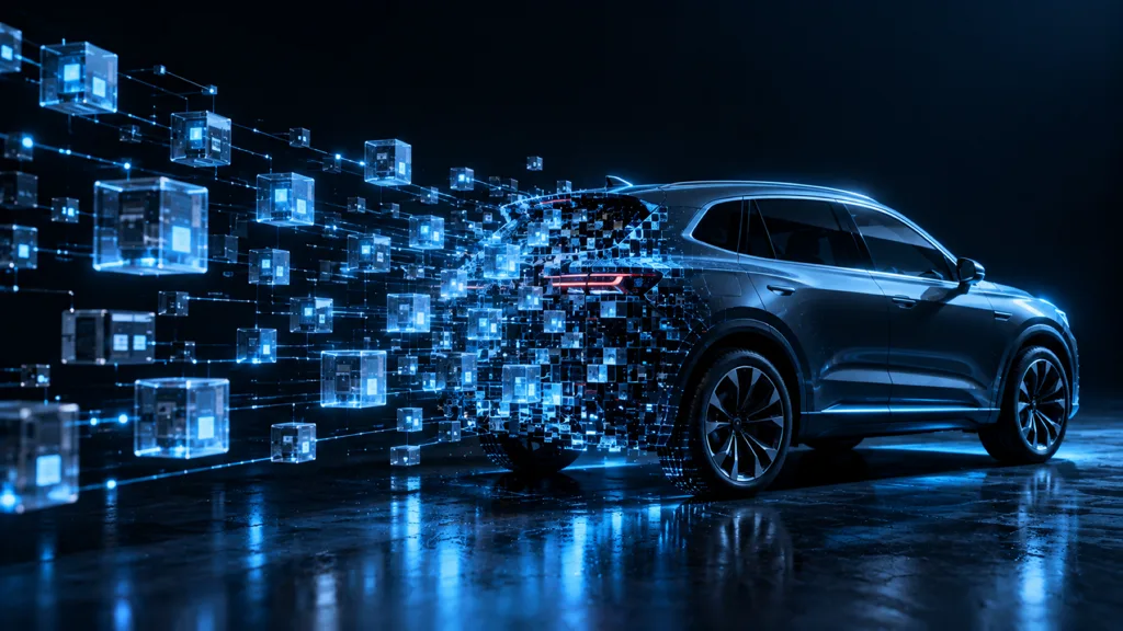 A modern car outlined in cyan light dissolving into a grid of glowing connected cubes