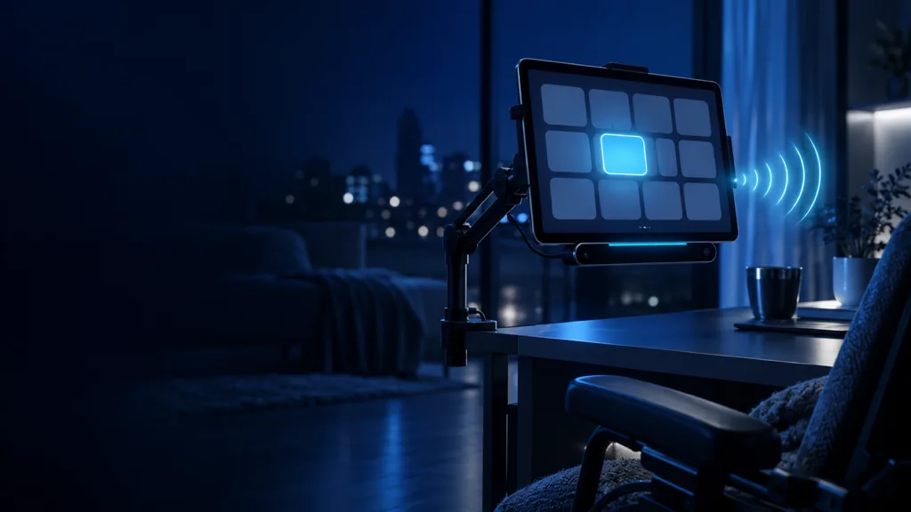 A tablet communication device on an adjustable arm with an eye-tracking bar, one gaze-selected tile glowing cyan and a sound wave rising from its speaker