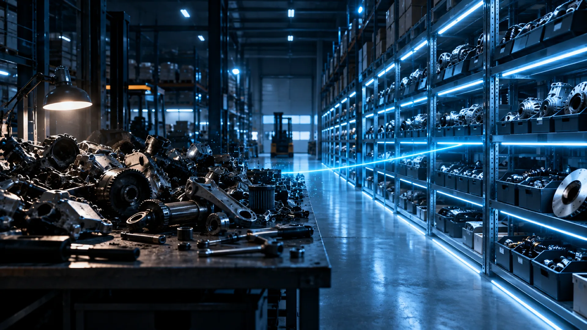 Auto parts moving from a messy heap to perfectly ordered warehouse shelves along a cyan light sweep