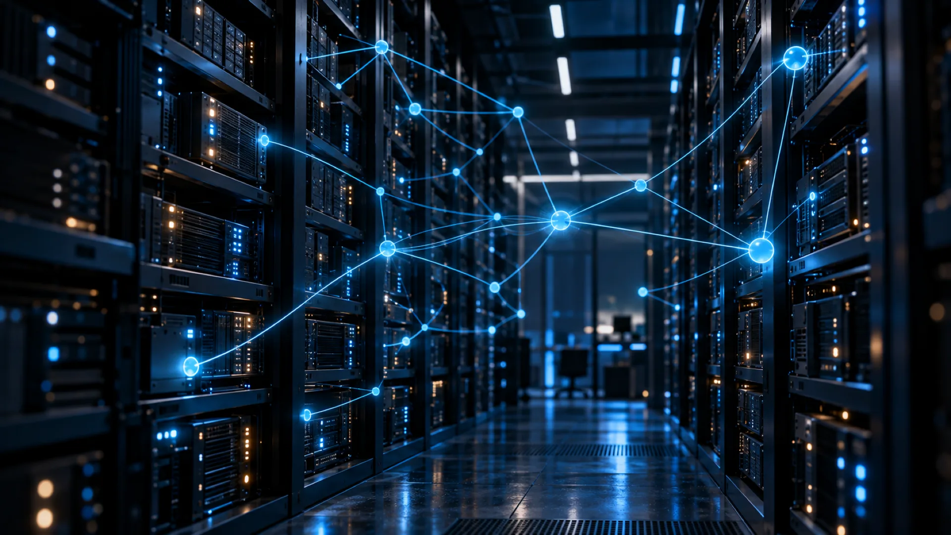 Cyan graph threads connecting points across tall server shelves like a dependency map of a codebase