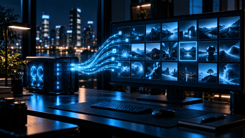 A server streaming light into a monitor grid of generated images, one thumbnail outlined in cyan for review