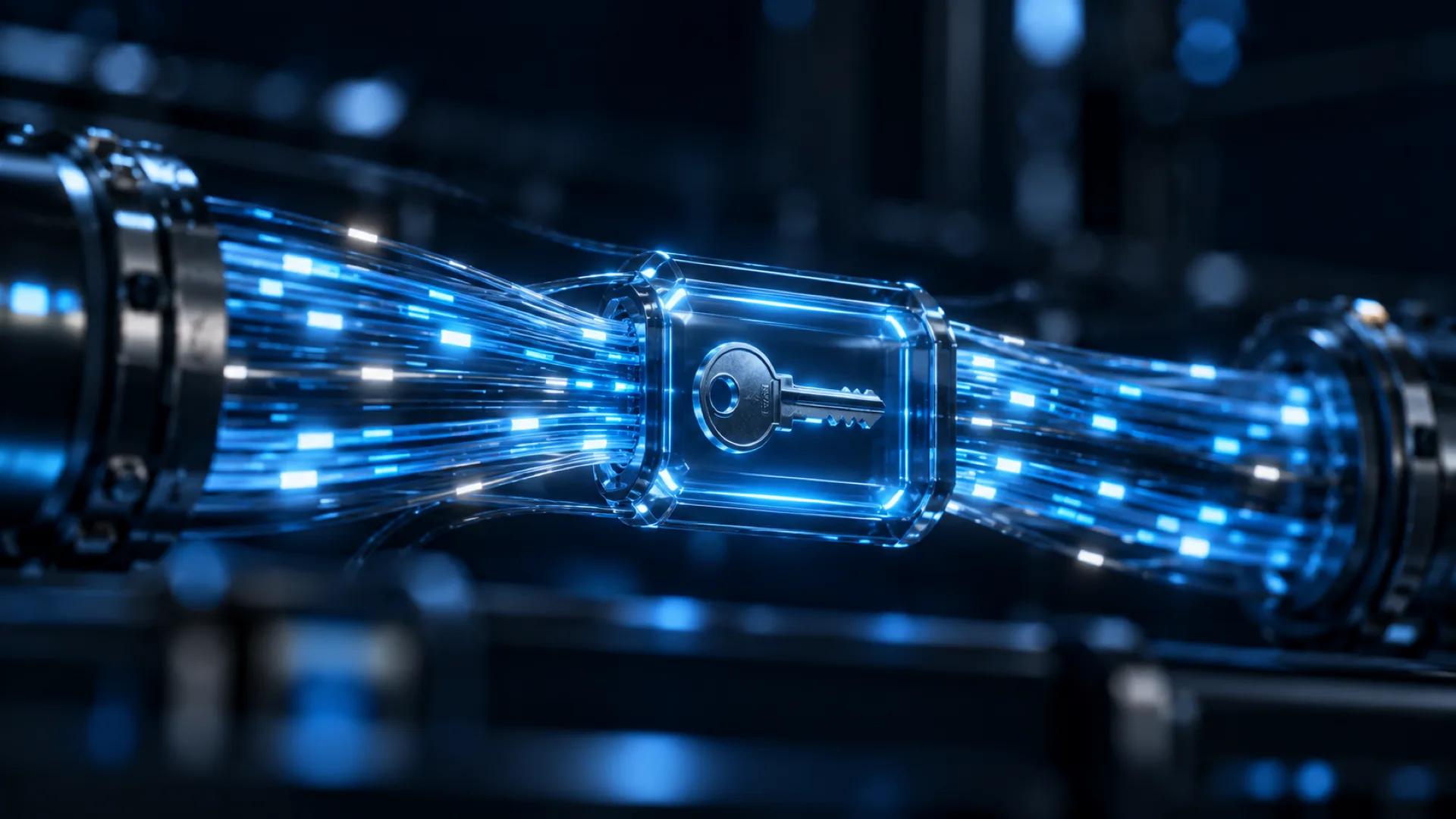 A key sealed in a glass block inside a stream of fibre-optic light, protected by a cyan shield