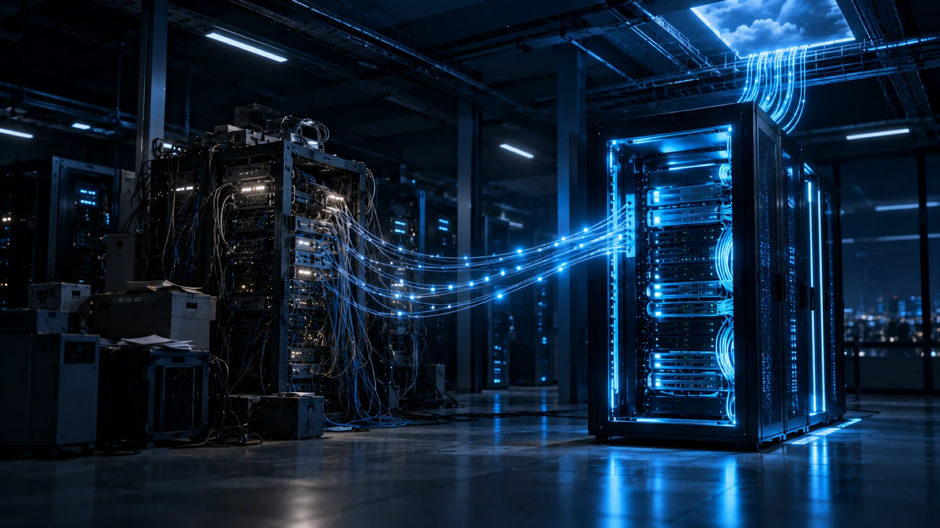 An overloaded old server rack streaming light into a clean modern cyan-lit rack
