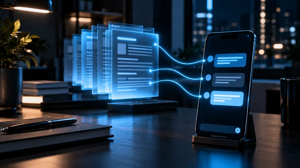 A phone with chat bubbles linked by cyan light threads to a glowing stack of documents
