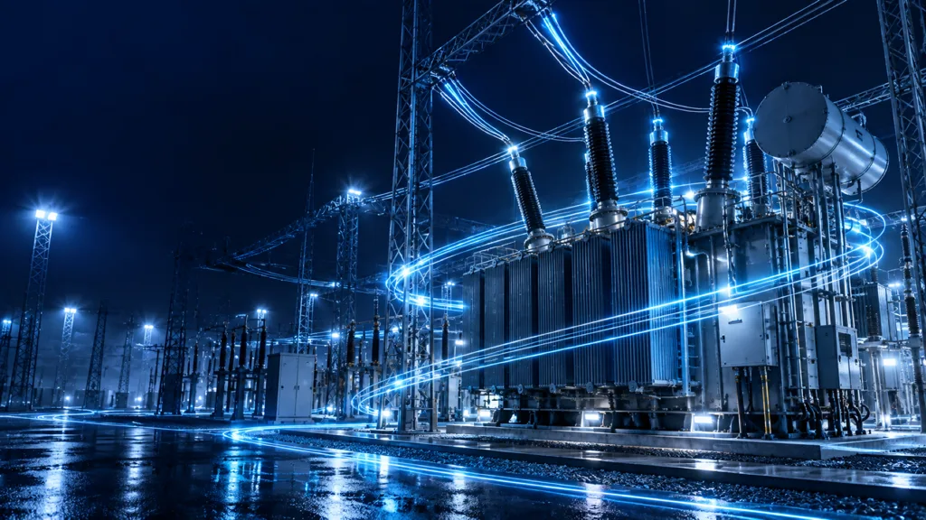 A high-voltage power transformer at night wrapped in ordered cyan light trails