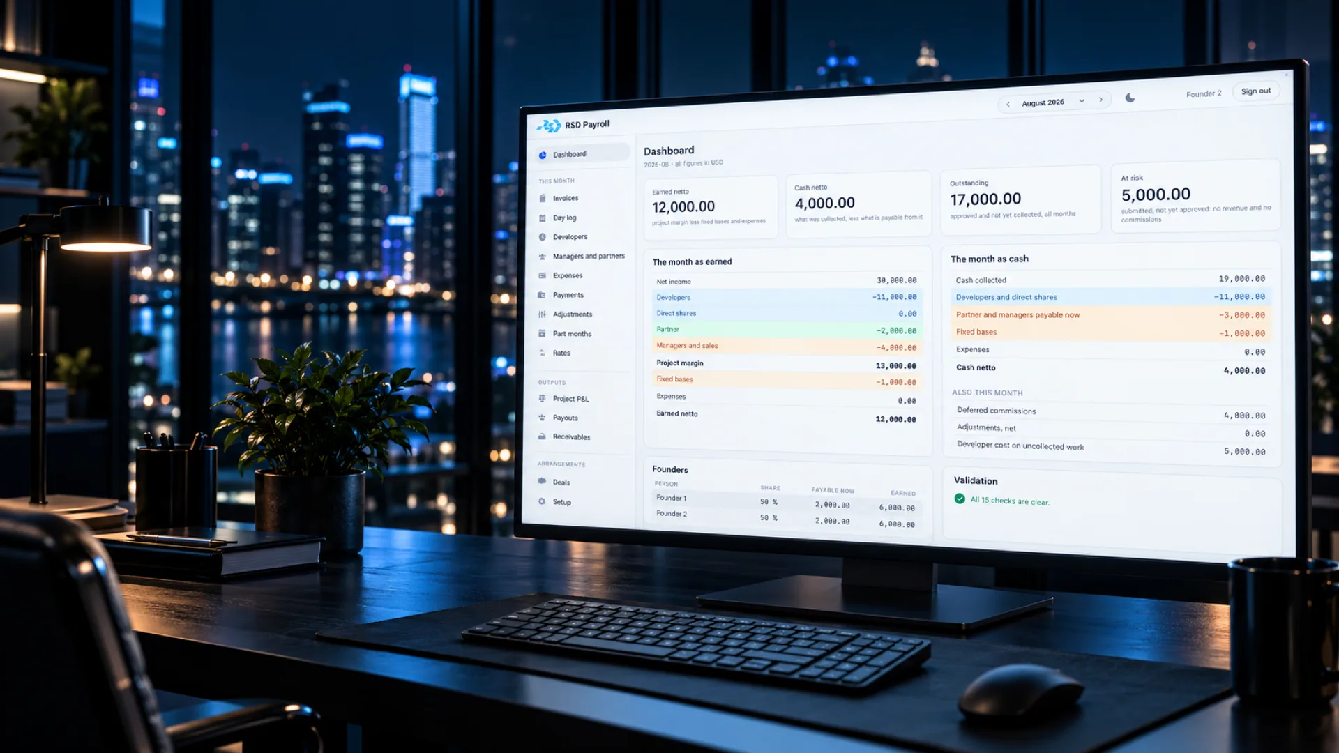 The RSD Payroll dashboard on a monitor in a dark office at night: the month as earned and as cash, founder payouts and validation checks (figures anonymised)