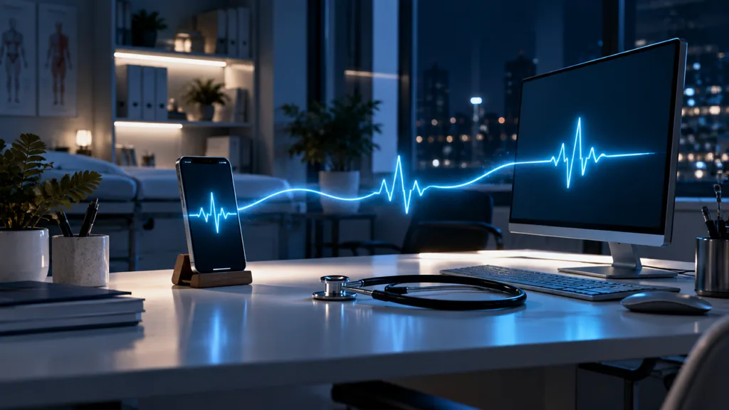 A phone and a monitor on a clinic desk joined by one cyan heartbeat line, a stethoscope beside them