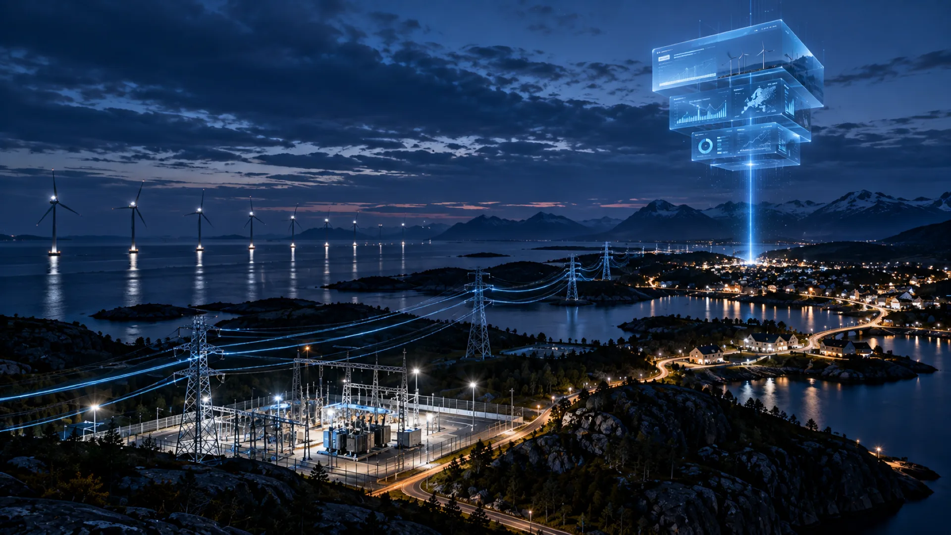 Nordic coastline with wind turbines and power lines at blue hour, a cyan beam lifting web panels into the sky