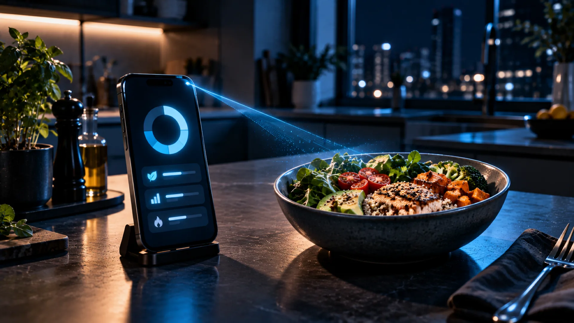A phone showing a cyan nutrition ring chart next to a healthy meal bowl it is recognising