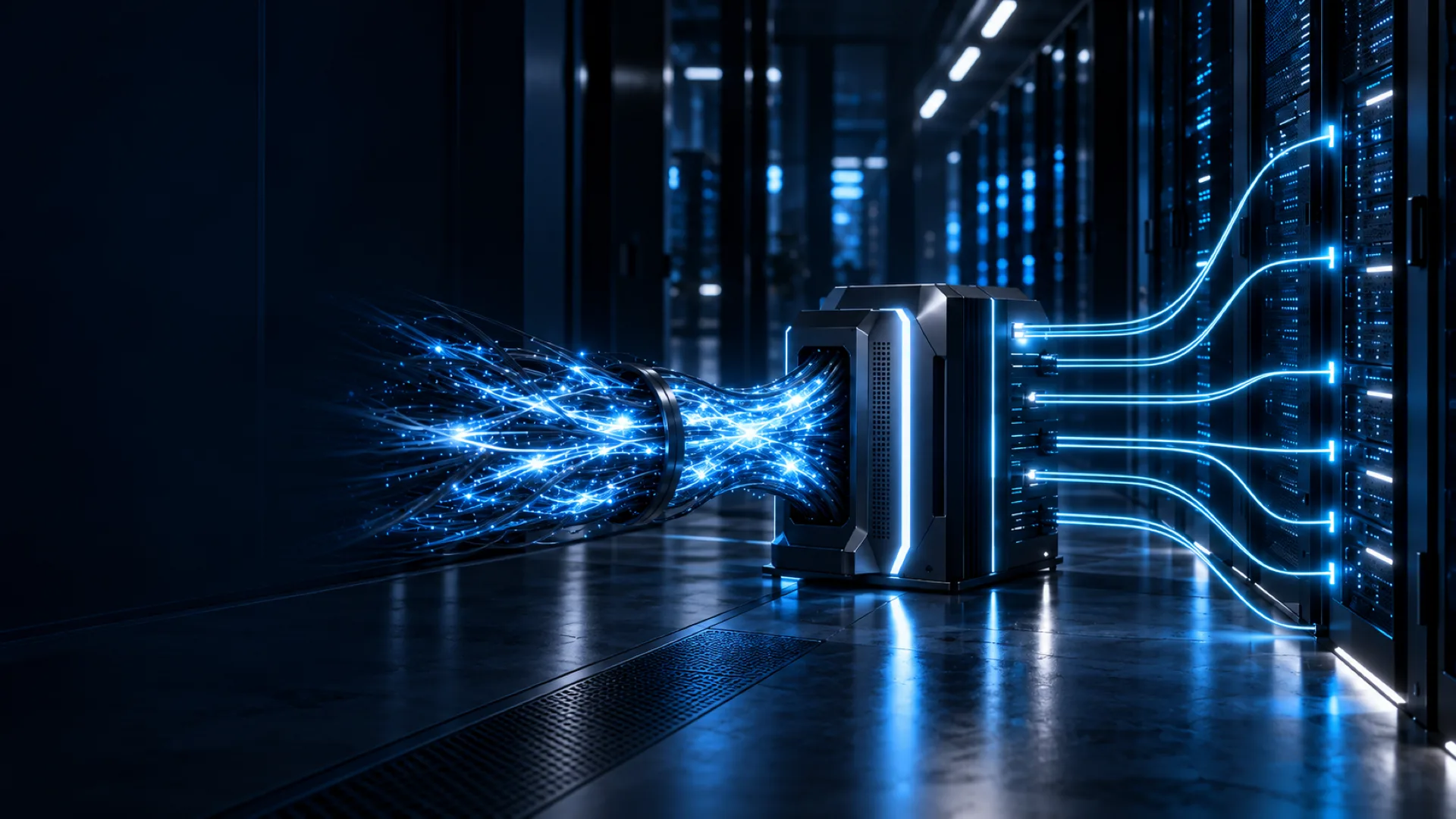 A chaotic bundle of bright cables entering a routing device and leaving as calm, evenly spaced cyan channels