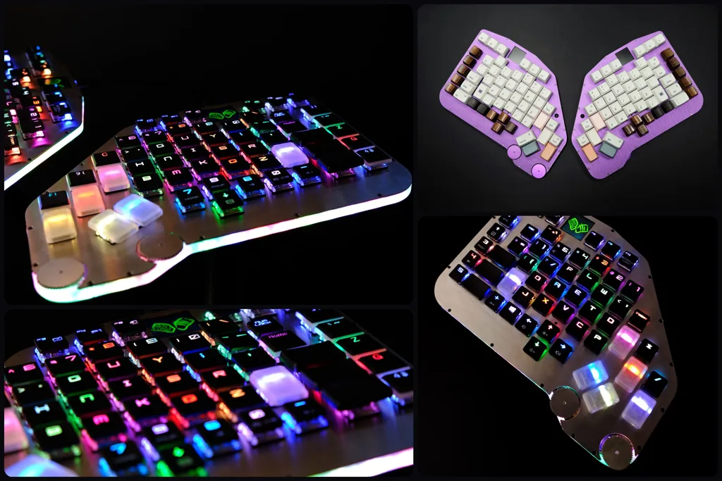 ClawsKeyBoard split ergonomic keyboard with RGB-lit keys, shown in the lit silver and the purple editions