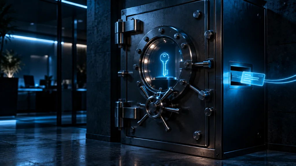 A steel vault with a glowing key sealed inside; only a small card of light comes out of a side slot