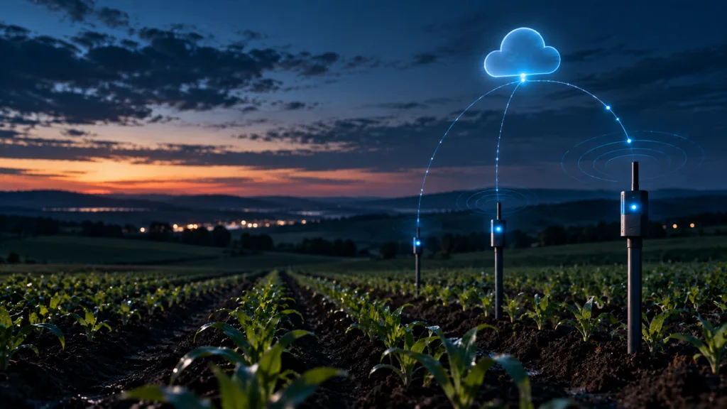 Field sensor stakes among crop rows at dusk sending cyan signals up to a cloud