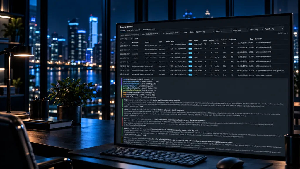 ConnectOtherAIs review rounds log on a monitor in a dark office at night: each round, its reviewers and verdict, and the findings raised