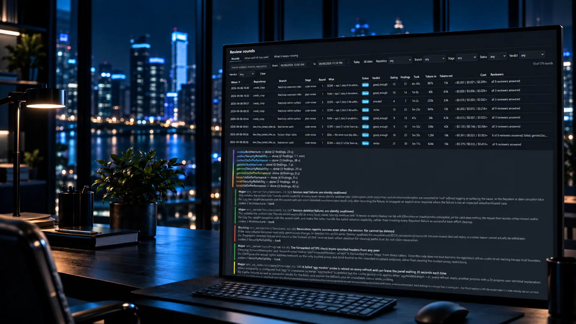 ConnectOtherAIs review rounds log on a monitor in a dark office at night: each round, its reviewers and verdict, and the findings raised