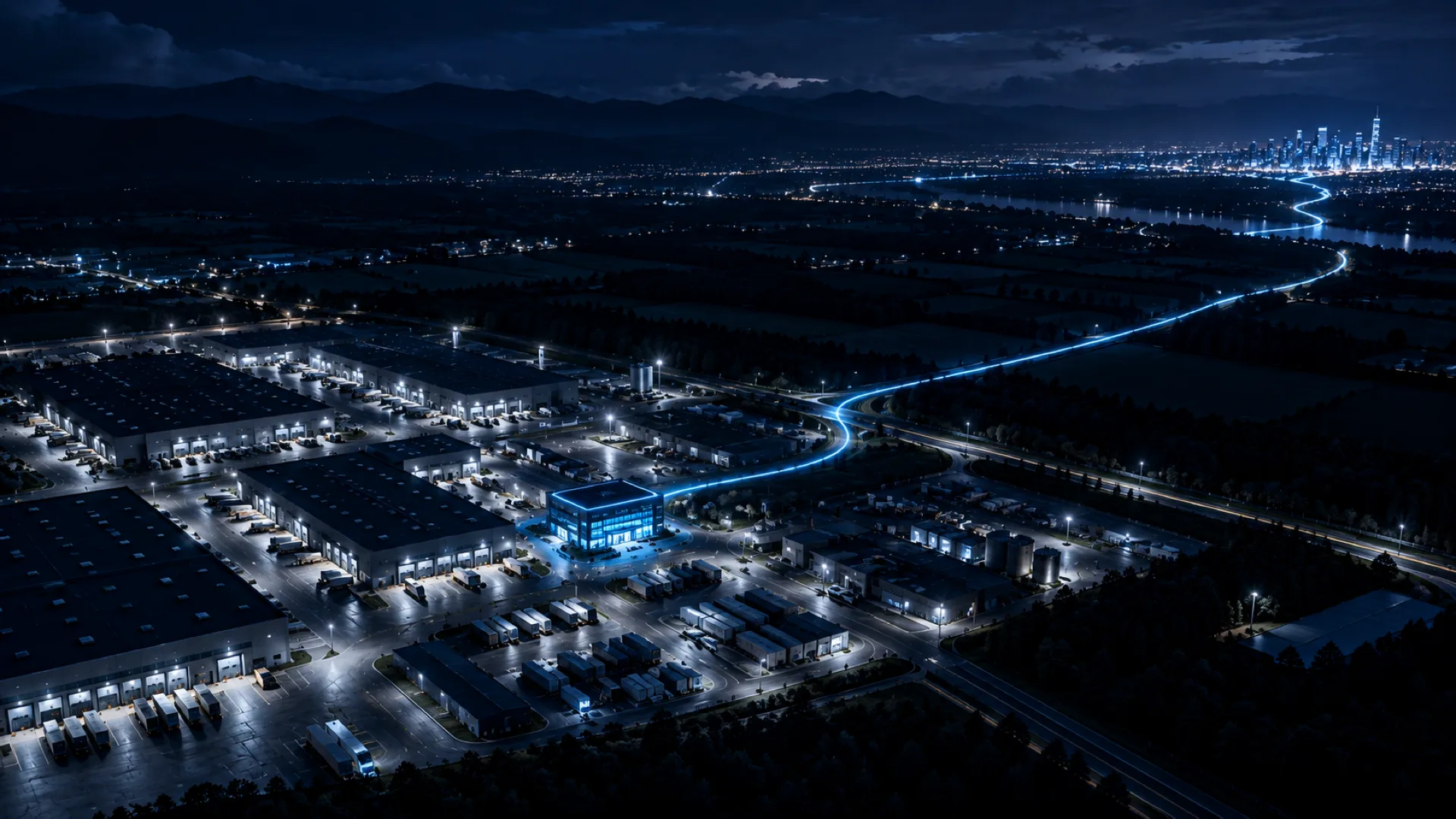 An industrial site at night with one lit building connected by a long line of light to a distant city