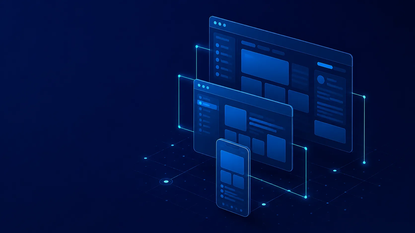 Isometric illustration of a web app, a desktop window and a phone screen connected by glowing lines